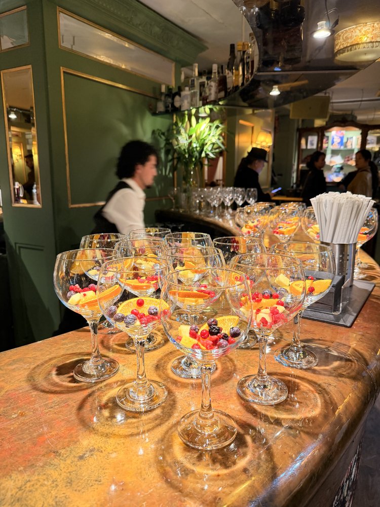 Sangria glasses lined up at the bar before an Essential Flamenco show